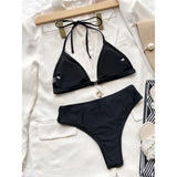 Sexy Halter Strappy Mid Waist Bikini Female Swimsuit Women Swimwear Two-pieces Bikini set Padded Bather Bathing Suit Swim V3635