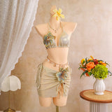 Sexy Beige 3D Flowers Embroidered Bikini Set 2026 Women Drawstring Cover Up 3 Piece Swimsuit Beach Bathing Suit Holiday Swimwear