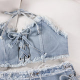 DEKA Retro Women Bikini Denim Suits Summer Halter Camis+ Mini Pant Lingerie Fashion Vacation Swimsuits Sexy Bra&Briefs Sets