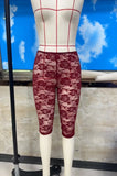 Women Burgundy Floral Lace Capri Leggings Sheer See Through Knee Length Pants High Waist Slim Fit Casual Summer Streetwear