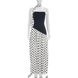 FDYOUI Elegant Bandage Polka Dot Patchwork Evening Dresses Women's 2026 Summer Off Shoulder High Slit Pleated Long Party Dress