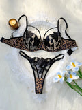 A Set of Black Sexy Lingerie, Featuring Leopard Print and Floral Patterns, Has Highly Alluring Transparent Visual Effect ZA82518