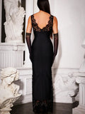 Ahagaga Lace Women's Party Maxi Dresses Solid Skinny V-Neck See Through Camisole Blackless Bodycon Sleeveless Vestidos Robes