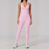 Summer Seamless Yoga Sets Women V Neck Slim Sports Tank Top Fitness Suit Peach Hip High Elasticity Leggings Running Tracksuit