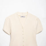 Women's Fashion Casual Structured Knit Jacket Women Beige V Neck Short Sleeve Textured Knit Cardigan Button Front Top Charm 17M0