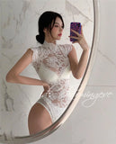 White Sweet Korean Lace Transparent Mesh Flowers Sexy Backless Bandage Top Hot Korean Women Summer Bodysuits Rompers FJ8U