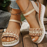 Bohemian Braided Wedge Sandals for Women Summer 2025 Beach Casual Ankle Strap Sandles Woman Plus Size Med Heel Sandalias Ladies