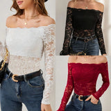 European and American elegant scalloped neckline, off-the-shoulder lace slim fit T-shirt long-sleeved top