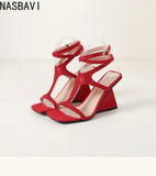 Brand Design Cross-Strap Rhinestone Sandals Summer For Women Crystal Strange Style High Heels Buckle Strap Dress Shoes Blue Red