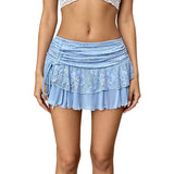 2026 Summer Women Mini Skirt Lace Floral Tiered Ruffle Low Waist Side Drawstring Going Out Cake Skirts