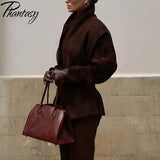 Phantasy Fashion Vintage Belt-Down Jacket Autumn Winter V-Neck Commuter Brown Suit Casual Style High-End Women's Clothing 2025