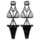 Plus Size 2XL Balck Bandage PU Leather Mesh Bodysuit Exotic Teddies Zipper Crotch Catsuit Women Sexy Lingerie Costumes