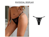 Black Lace Mesh Panty for Women See Through Adjustable Waistband Rhinestone Bow Decorative Buttons Plus Size Thong Underwear