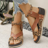 Summer Leopard Print Wedge Sandals Women Plus Size Ankle Strap High Heel Sandal Female New Slip On Pu Leather Sandalias Mujer