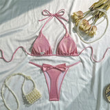 Glitter Sparkling Bow Halter Bikini Female Swimsuit Women Swimwear Two-Pieces Bikini Set Padded Bather Bathing Suit Swim V7567