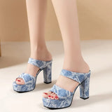 Women's Fashion Denim Platform Heels Summer New Round Toe Non-Slip Wear-Resistant Block Heel Slippers