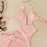 Sexy White Pink 3D Flower One Piece Swimsuit Skirts Sets Women Hollow Out Backless Thong Bikini Beach Bathing Suit Swimwear 2026