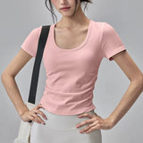 Big round Neck Yoga T-Shirt Short-Sleeved Slimming Sports Top with Fixed Chest Cushion for Running Pilates Summer Stretch