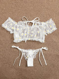 Toucheart Sexy Underwear Lace Lingerie Set For Women Off-Shoulder Small Chest Bralette+Thong Beachwear Transparent Bra Set New