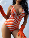 2026 Striped One Piece Swimsuit Vintage Swimwear Women V-neck Bathing Swimming Suit Female Summer Beachwear Bodysuit