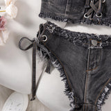 DEKA Retro Women Bikini Denim Suits Summer Halter Camis+ Mini Pant Lingerie Fashion Vacation Swimsuits Sexy Bra&Briefs Sets