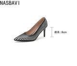 Women 8CM Pointed Toe High Heels Slip on Stiletto Pumps Dress Party OL Office Classic Stripes Single Shoes Gold Silver New 2026