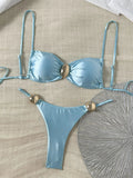 Metal Buckle Satin Bikini Women Mini Micro Thong Swimwear Female Swimsuit Two-pieces Bikini Set High Cut Bathing Suit Swim Lady