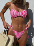 DEKA 2026 Vintage Pink Striped Knitted Bikini Set Women Sexy Drawstring Side Swimsuit Bathing Suit Swimwear