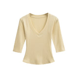 New Pure Desire Casual Style T-Shirt Hot Girl Sexy V-Neck Wool Lyocell Stretch Slim Fit Mid-Sleeve Solid Color Thin T-Shirt WLOC