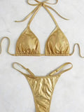 Halter PU Leather Extreme Mini Micro String Bikini Female Swimsuit Women Swimwear Two-pieces Bikini Set Thong Bathing Suit Swim