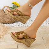 Gold Woven Wedge Heeled Sandals Women 2026 Summer Cross Band Platform Slippers Woman Plus Size 43 Peep Toe Thick Sole Sandals