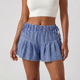 Womens Loose Fit Denim Shorts Drawstring Elastic Mid Rise Pleated Wide Leg Short Pants Casual Stylish Summer Skorts