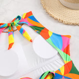 2026 Color Block Swimsuit One Piece Backless Printed Swimwear Women Bathers Bathing Swimming Swim Suit Padded Beachwear Summer