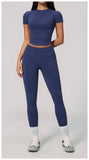 2PCS Women's Tracksuit Seamless Yoga Set Short Sleeve O Neck Workout T Shirts Fitness Suit Tight Hip Lifting Leggings Gym Sets