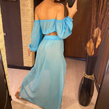 2026 Leopard Off Shoulder Long Sleeve 2 Pieces Set Beach Cover Up Cover-ups Beach Dress Beach Wear Beachwear Female Women V3728