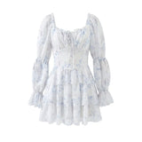 Sweet Long-sleeve Dress For Women Pleated Printed Short Women White Floral Print Mini Dress Long Puff Sleeve For Beach 96U3