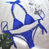 DEKA Women Diamond Bikini Set Rhinestones Swimwear Halter Wrinkled Bikini Female Two-pieces Swimsuit Bather Bathing Suit Swim