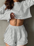 Summer Striped Pajama Sets for Women Sleepwear Long Sleeve Top and Shorts 2 Piece Set Casual Home Wear Loungewear
