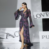 2026 New Women Elegant Butterfly Print Mesh Robe Big Flare Sleeve Lace Up Tassel Fringe High Slit Bathrobe Loungewear