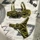 Sexy Velvet Bikini Sets Women Green 3D Flower Push Up Underwire Micro Swimsuit 2025 Summer Bathing Suit Thong Swimwear Biquini
