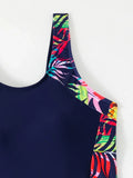 Women One-piece Sports Swimsuit Professional Training Athletic Boyleg Bathing Suit Printed Swimwear Patchwork Beach Wear Blue