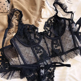 French Sexy Lingerie Set Women Ultra Thin See Through Embroidery Lace Bra & Thong Push Up Underwear Shaping Camisole Set MOYISU