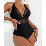 S - XL New Sexy Mesh Sheer V Neck Women Swimwear One Piece Swimsuit Female High Leg Cut Monokini Bather Bathing Suit Swim V5136