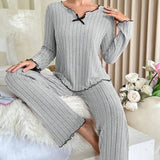 Women Autumn Winter Sleepwear Ribbed Pajamas Set Long Sleeve Top and Long Pants 2 Piece Set Casual Homewear Loungewear