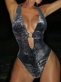 Golden Sparkling Deep V Neck Female Swimwear One Piece Swimsuit Women Backless Monokini High Leg Cut Bathing Suit Swim Beachwear