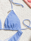 Blue Plaid Print Two Piece Swimsuit for Women Sexy Bow Suspender Backless Bikini Set High Waist Thong Beach Bathing Suit 2025