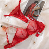 Toucheart Sexy Lingerie Suit for Women Lace Mesh Ultra-thin Underwear Comfortable Bra Set with Steel Rings Hollow Out Underwear
