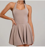 Summer Sleeveless Halter Slim Tennis Dress Women Sexy 2-in-1 Hollow Backless Golf Sports Dresses Outdoor Running Fitness Skirt