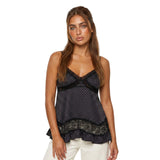Women's Summer Dot Print Camisole Elegant Lace Patchwork Sleeveless V Neck Slim Fit Spaghetti Strap Tank Tops