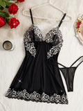 Women's Nightgowns See Through Sexy Deep V Embroidered Nightdress Pajamas Thong Sleepwear Baby Doll Lingerie